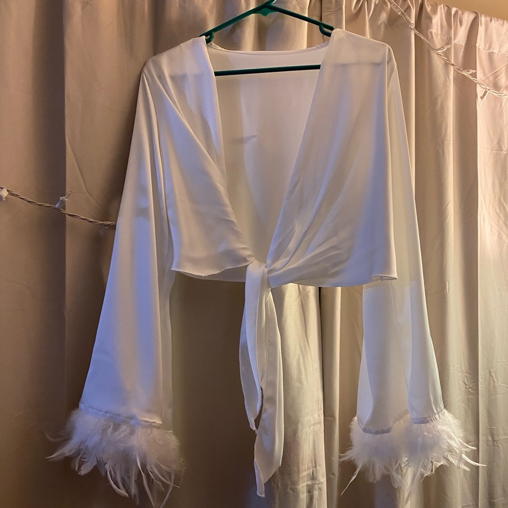 Feather Sleeve Satin Tie Blouse